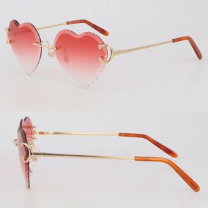 Vente en gros Cadre en or 18 carats Tendance anormale Lunettes de soleil Femmes Sans Monture UV400 Luxe Diamant Coupe Hommes Lunettes Design Extérieur Miroir Été Voyager En Plein Air