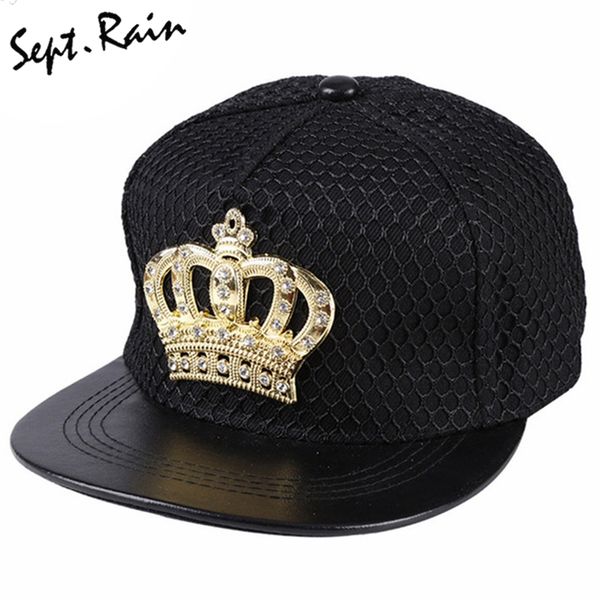 Vente en gros- [Sept.Rain] 2017 Nouvelle Mode Couronne En Métal Logo Snapback Chapeau Os Avec Diamant PU Cuir Snapback Hip hop Casquettes De Baseball Chapeau