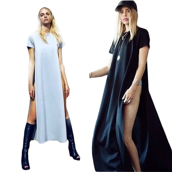 Vente en gros - Robe sexy T-shirt pour femmes avec fente latérale 2015Summer Fashion Brief Ladies Casual Clothes Robe De Festa Maxi Dress C84