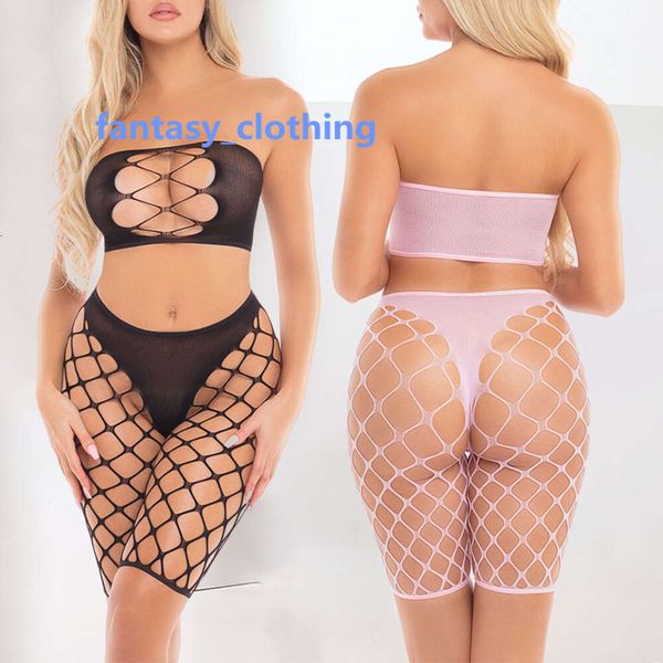 Vente en gros Sexy Résille Vélo Ensemble Court Tube Mature Lingerie Érotique Net Haut Et Collants Vêtements De Danse Exotiques Bodystocking Sexy Body