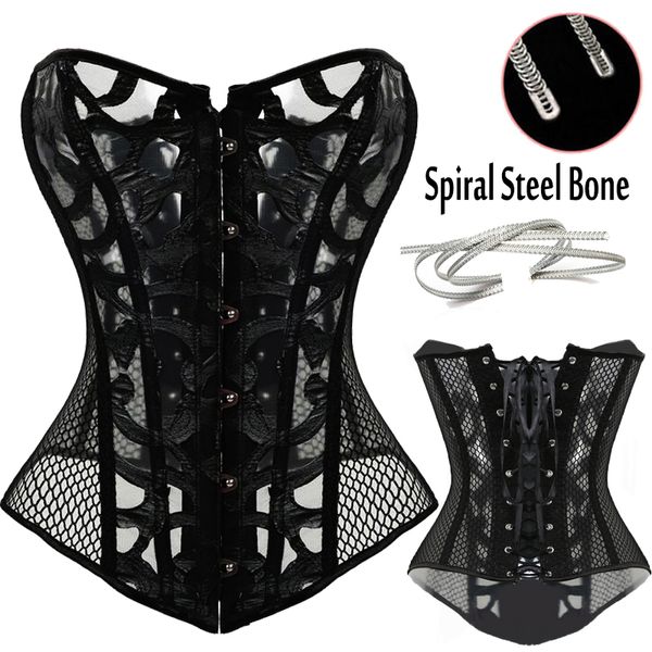 Gros-Sexy Mesh Corsets et Bustie Élastique Net Évider Fleurs Conception Busk Fermeture Bustier Corset Body Shapewear cincher corselet