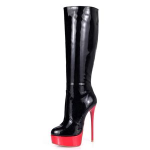 Hoogwaardige handgemaakte sexy trendy zwart rood octrooi PU knie laarzen voor vrouwen met platform 16cm hoge hak Italiaanse ontwerper schoenen aangepast