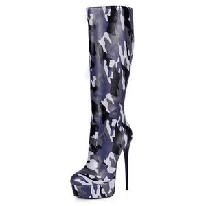 Groothandel sexy trendy camouflage nappa pu knie laarzen voor vrouwen met platform en 16cm hoge hak Beste Italiaanse ontwerp handgemaakte knie laarzen