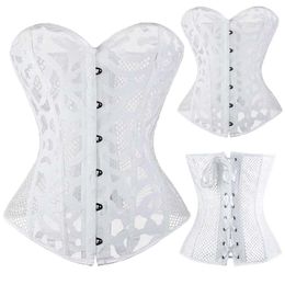 Al por mayor-Sexy Women Corsés y Bustiers Overbust 10 Steel Boned Hollow Out White Black Corset Top Summer Lingerie Shapewear Corselet TYQ