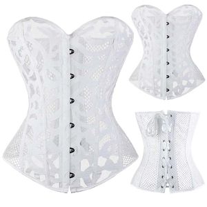 Al por mayor-Sexy Women Corsés y Bustiers Overbust 10 Steel Boned Hollow Out White Black Corset Top Summer Lingerie Shapewear Corselet TYQ