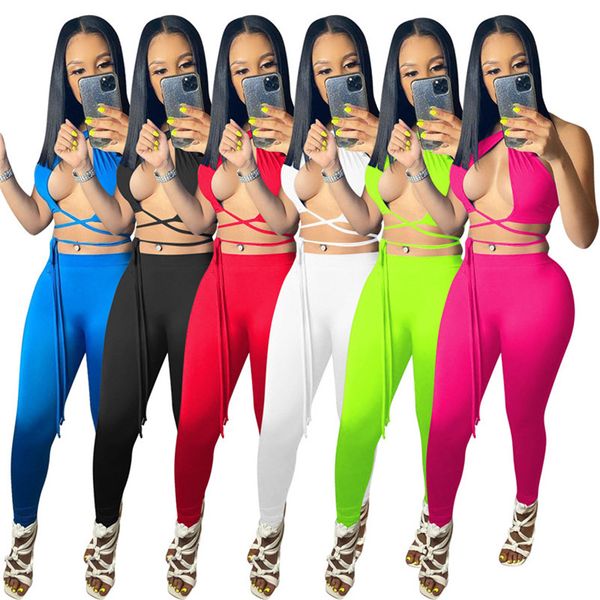 Venta al por mayor Sexy para mujer Chándales Pantalones sin mangas Trajes Dos piezas Conjunto Top Ropa deportiva Damas Leggings Trajes 2021 Tipo Venta Klw6505