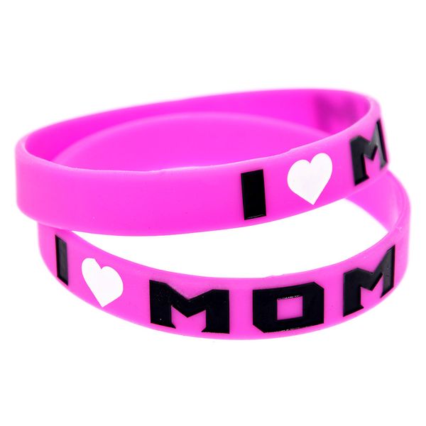 Bracelet en Silicone I Love Mom, 100 pièces, Flexible et résistant, rempli d'encre, Logo rose, taille adulte