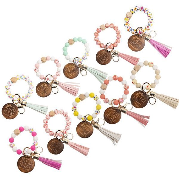 Bracelet en perles de silicone en gros pendentif porte-clés bracelet porte-clés chaînes de bracelet pour la fête des mères avec ornement de sublimation en cuir gland 001