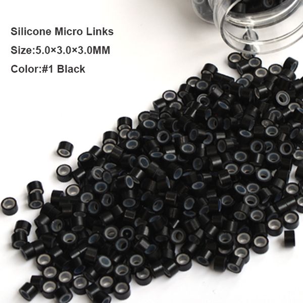 Venta al por mayor- Perlas de extensión de cabello de silicona 5.0 * 3.0 * 3.0MM 1000 piezas / botella # 1 Herramienta de extensión de cabello de micro perlas microanillos negros