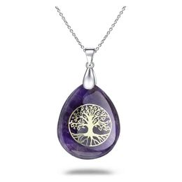 Groothandel Verzilverd Amethist Stone Water Drop Hanger Tree Of Life Ketting Groene Aventurijn Sieraden