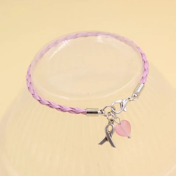 Pulseras de cuero de tren de rosa rosa simple al por mayor joya de conciencia de joyas de cáncer de seno con cáncer de corazón de color rosa Pulsera 12 LL