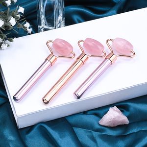 Venta al por mayor Herramientas de cuidado de la piel Belleza Jade Face Roller Massager Single Head Beauty Metal Manija Rosa Cuarzo Rodillo de cara