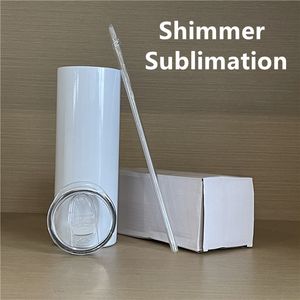 Groothandel Skinny Rechte Sublimatie Wit Shimmer Tumblers 20oz Lege roestvrijstalen waterflessen met rietjes Dubbel geïsoleerde kopjes voor sublimerende A12