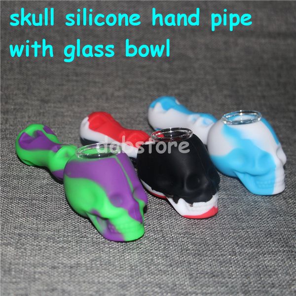wholesale Pipe à main en silicone crâne avec bol en verre Mini pipe à eau Multi couleurs Pipes à main en silicone portable pour fumer du tabac