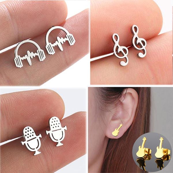 Venta al por mayor, pendientes pequeños de acero inoxidable para guitarra, nota musical, auriculares, micrófono, pendientes con pasador para mujeres y hombres, joyería, regalos para DJ