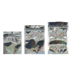 Venta al por mayor de bolsas a prueba de olores, bolsa de aluminio, bolsa plana de mylar para recuerdo de fiesta, almacenamiento de alimentos, Color holográfico con estrella brillante