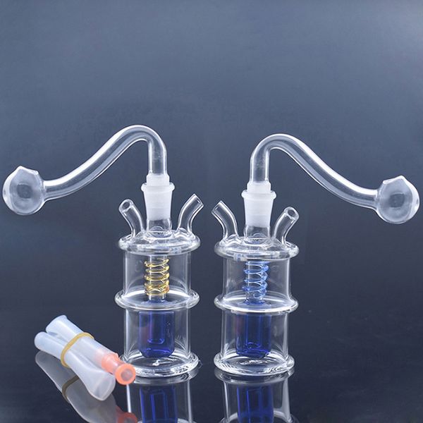 Venta al por mayor fumar doble articulación mini espiral interior 10 mm hembra vidrio agua dab rig bong con quemador de aceite y dos paja de manguera de silicona