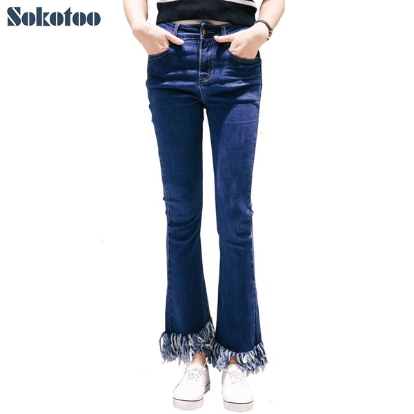 Venta al por mayor- Sokotoo Women's borla tobillo flare crop fringe jeans Moda pantalones de mezclilla elásticos delgados y delgados Negro azul Noveno Capri