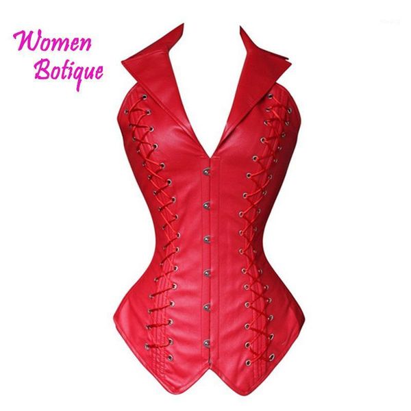 Moldeadores de mujer al por mayor- Sólido Negro Rojo Cuero Halter Shaperwear Corset Slim Overbust Body XXL Body Shaper Plus Size S M L XL XXL1