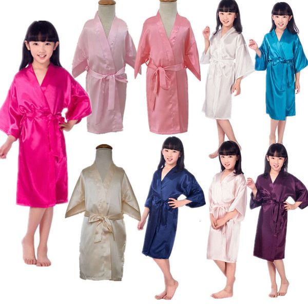 Girls solides en gros robes de soie satin bain kimono pour le spa de mariage anniversaire enfants peignoir de nuit rose pour enfants w3 l2405