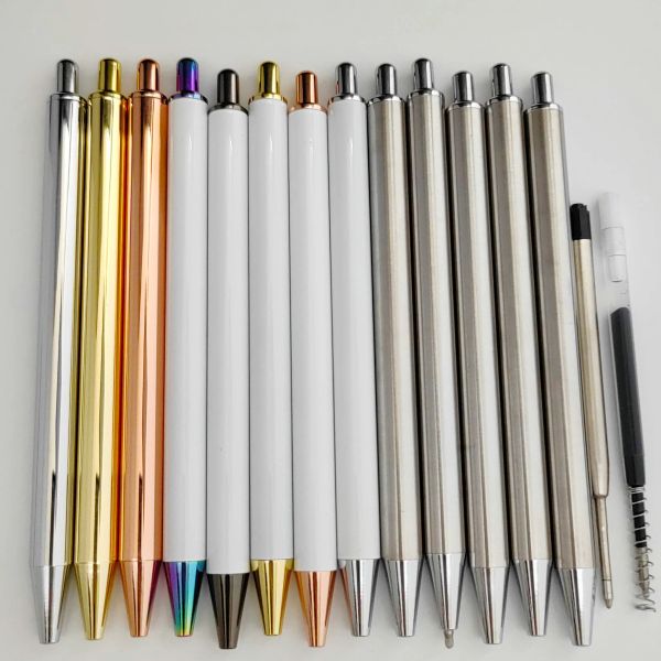 wholesale Stylo en métal blanc pur solide blanc rétractable sans clip impression résine époxy scintillant vinyle UV Dtf Wrap bricolage cadeaux stylos à encre gel LL