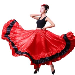 Al por mayor-Corrida de toros española Escenario festivo Desgaste Rendimiento Mujer Falda flamenca Fiesta de carnaval Rojo Negro Satén Vestido de danza del vientre