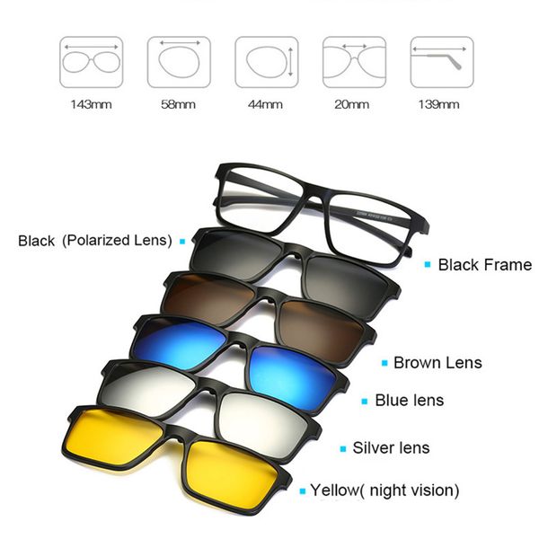 Vente en gros - Monture de lunettes Hommes Femmes Myopie avec 5 lunettes de soleil à clip Lunettes magnétiques polarisées pour lunettes masculines