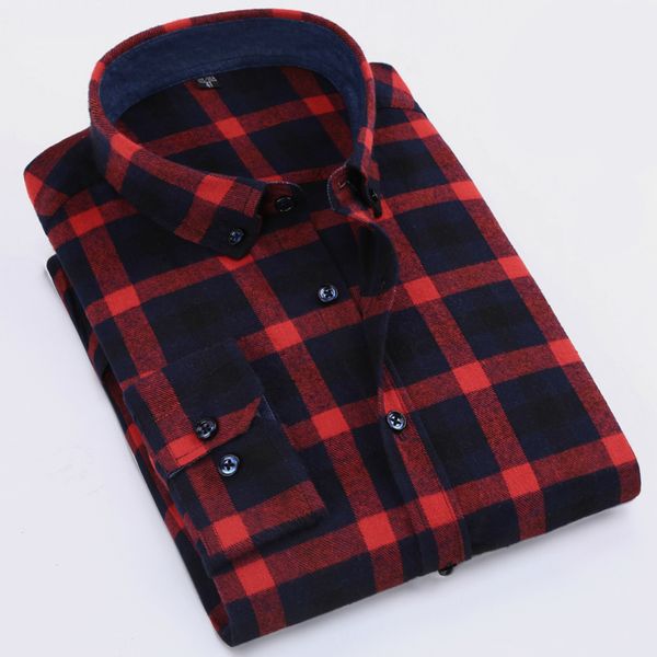 Vente en gros - 2020 Printemps Hommes Casual Slim Fit Boutonné À Carreaux Chemises À Motifs Confort Doux Coton À Manches Longues En Flanelle Brossée Chemise À Carreaux