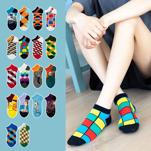 Chaussettes courtes colorées géométriques pour Couples, vente en gros, chaussettes de bateau en coton pour hommes, chaussettes à carreaux et diamants, vente en gros