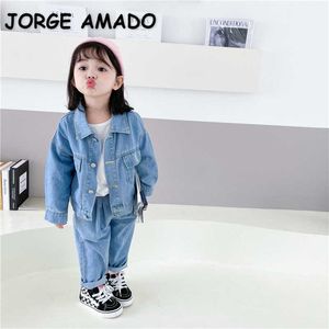 Groothandel lente baby meisje 2-pcs sets lange mouwen denim jas + jeans casual stijl kinderkleding E6058 210610