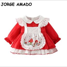 Groothandel lente baby meisjes jurk katoen rode borduurwerk lange mouw lolita prinses kinderen dragen + hoed E9136 210610