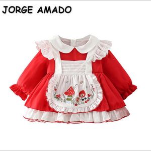 Venta al por mayor primavera bebé niñas vestido algodón rojo bordado manga larga Lolita princesa niños desgaste + sombrero E9136 210610