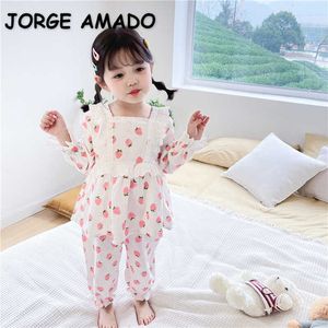 Groothandel Lente Baby Pyjama Lange Mouwen Katoen Aardbei Rufflestop + Lange Broek Homewar Girl Outfits E2038 210610