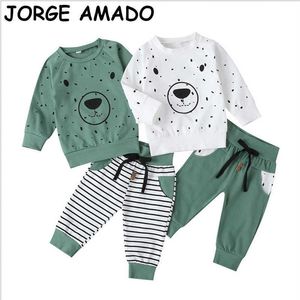 Venta al por mayor de ropa de primavera para niños, oso, 2 uds., camiseta de manga larga para niños y niñas, pantalones a rayas, traje informal, ropa para niños E91252 210610