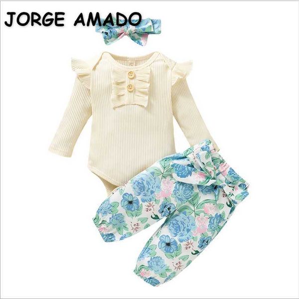 Gros printemps coton bébé ensembles gaufre à manches longues body + pantalon floral bandeau 3 pièces tenues E2006183 210610
