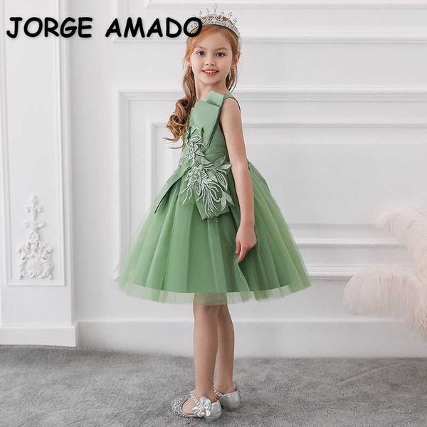 Venta al por mayor primavera flor niña sin mangas vestido de fiesta princesa apliques boda niños ropa E5150 210610