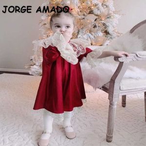 Robes de princesse pour filles, vente en gros, manches longues, col en dentelle rouge, mi-mollet, robe de soirée pour enfants, E915 210610