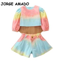 Groothandel Spring Kids Sets Girls Tie Dye Kleurrijke Lange Puff Sleeve Top + Shorts Mode Outfits Kinderkleding E36 210610