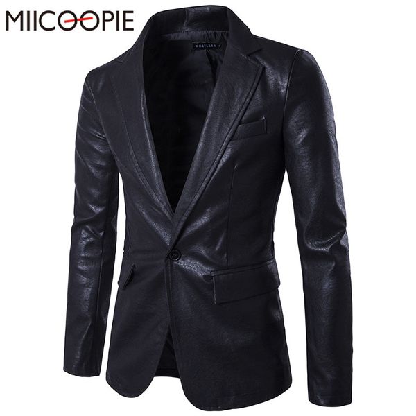 Vente en gros - Printemps Nouveaux Hommes Blazer Un Bouton Slim Fit Hommes Noir PU Veste En Cuir À Manches Longues Casual Mode Hommes Costume Blazer Masculino