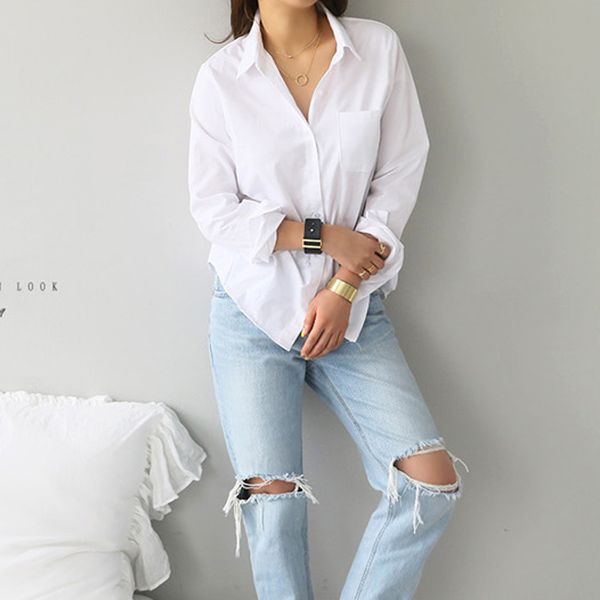 Al por mayor-Spring One Pocket Mujer Camisa blanca Blusa femenina Tops Manga larga Casual Turn-down Collar Style Mujeres Blusas sueltas