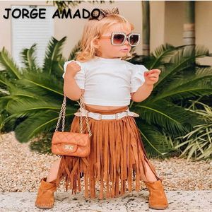 Groothandel lente zomer meisje 2-pcs sets wit bladerdeeg korte mouw T-shirt + bruin kwast rok kinderen outfits E3003 210610