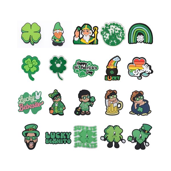 Gros St.Patrick's Day Cartoon Pvc Sabots Chaussures Accessoires Friendly Green Lucky Clover Chaussures en caoutchouc souple Croc Charm