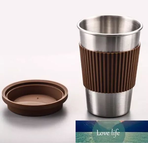 Venta al por mayor Tazas de café de acero inoxidable Tazas para beber portátiles con tapas de silicona Taza de coque de agua de viaje Vaso de vino Taza recta Botella de agua