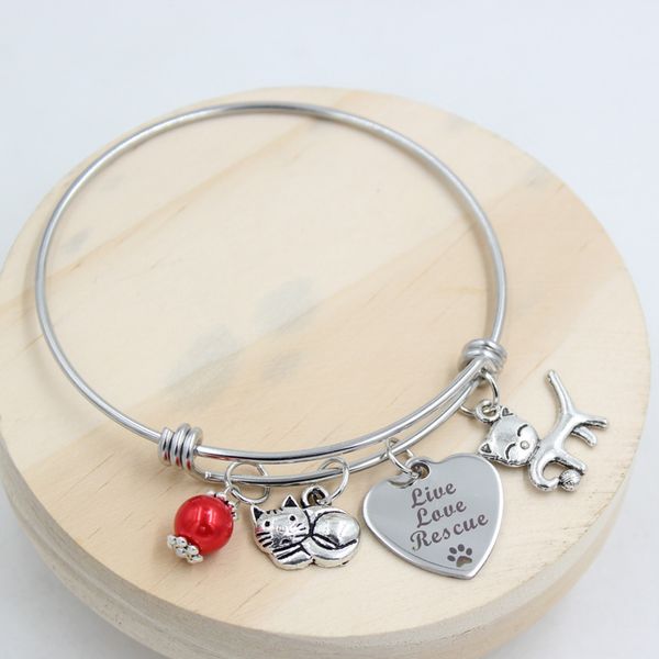 Venta al por mayor de joyería de acero inoxidable Animal Rescue Pet Cats Charm Bracelets brazalete de alambre ajustable para mujeres