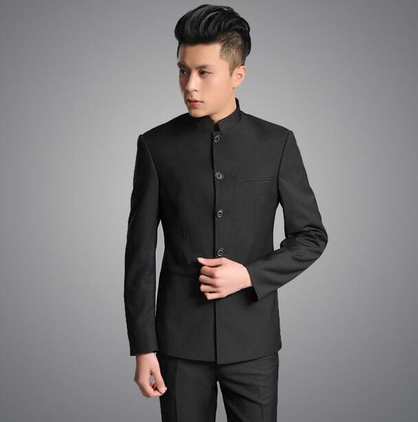 Gros-Stand col chinois tunique costume hommes costume ensemble dernier manteau pantalon conceptions costumes habillés pour hommes mariage marié costumes pour hommes avec pantalon