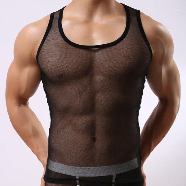 Camisetas sin mangas para hombres Venta al por mayor- STB501 Malla transparente para hombre Marca Moda Chaleco casual Sexy Transparente Tanques divertidos Camiseta interior para hombre Soutong1