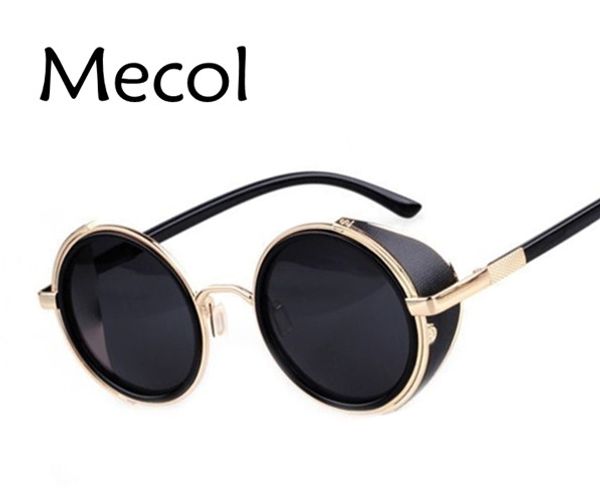 Venta al por mayor-Steampunk Gafas de sol Gafas redondas Gafas hombres Mujeres Visera lateral Lente circular unisex Estilo vintage Punk gafas de sol M027