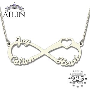 Groothandel sterling zilveren hart merk infinity ketting met drie namen Infinity naamplaat mode cadeau voor moeder