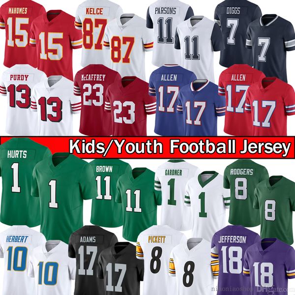 Jersey de fútbol para niños de jóvenes cosidos al por mayor Micah Parsons Trevon Diggs Ceedee Lamb Jalen Hurts Brown Devonta Smith Christian McCaffrey Brock Purdy Patrick Mahome