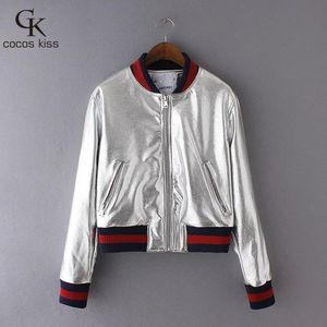 Gros-Stylish Métal Texturé Doré Argent Brillant Bomber Pilots Veste Manteau À La Mode Femmes Contraste Couleur Côté Manches Longues Survêtement Top